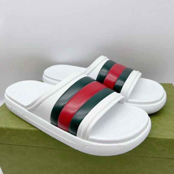 Gucci Men’s Web ACE RUBBER Slide Sandals Pool White UK 13 US 13.5 NEW AUTHENTIC - Picture 2 of 12